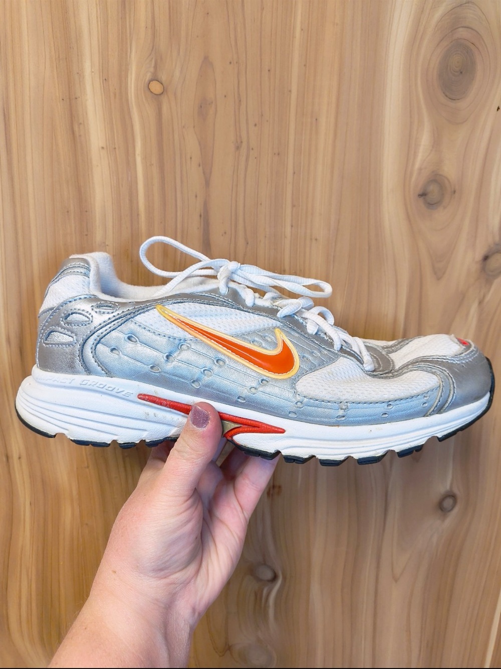Nike White and Silver Mesh Sneaker with Orange Swoosh, Size 8.5